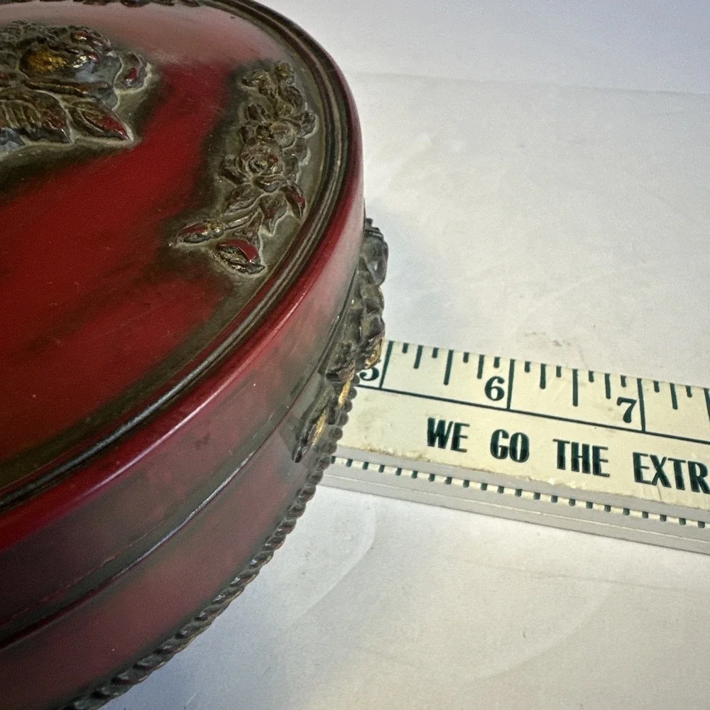 Vintage Burgundy Resin Oval Trinket Box Red Gold W/ Sculpted Floral Decorations